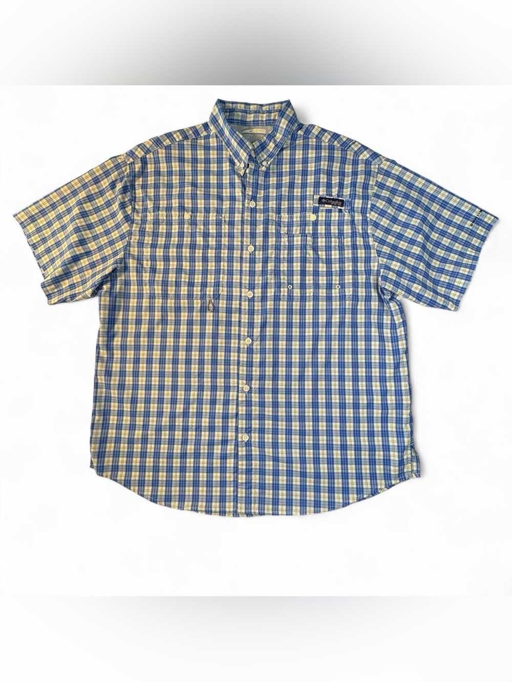 Columbia Super Tamiami Short Sleeve Shirt L Blue Plaid Fishing PFG Omnishade